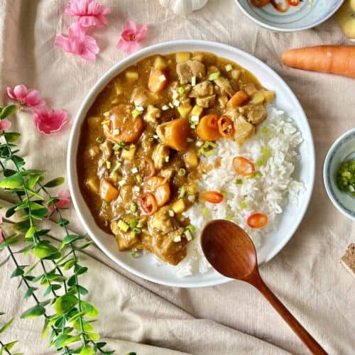 A plate of Japanese pork and carrot curry with white rice.